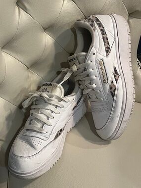 Reebok White Leather Sneakers with Leopard Print Accents